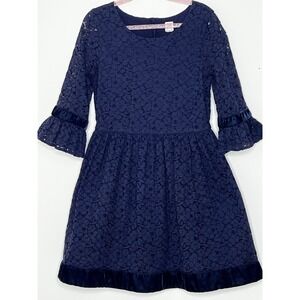 Gap Girls Navy Lace Long Sleeve Velvet Trim Dress Size Large Bell Sleeve Church